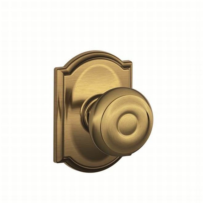 Schlage Georgian Dummy Knob With Camelot Rosette Interior Trim - Exterior Handleset Sold Separately in Antique Brass finish