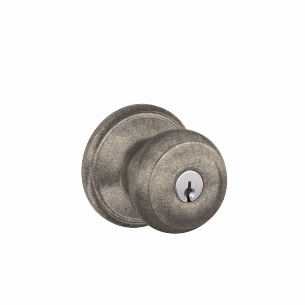 Schlage Georgian Knob Keyed Entry Lock C Keyway With 11 Latch and 10063 Strike Plate in Distressed Nickel finish