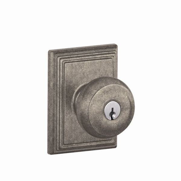 Schlage Georgian Knob With Addison Rosette Keyed Entry Lock C Keyway With 11 Latch and 10063 Strike Plate in Distressed Nickel finish