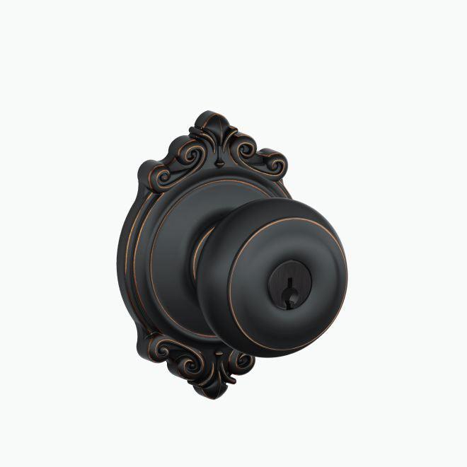 Schlage Georgian Knob With Brookshire Rosette Keyed Entry Lock in Aged Bronze finish