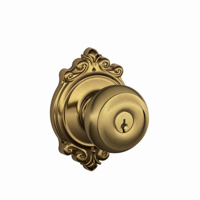 Schlage Georgian Knob With Brookshire Rosette Keyed Entry Lock in Antique Brass finish