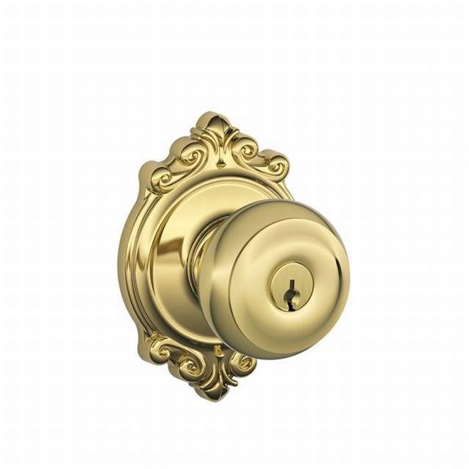Schlage Georgian Knob With Brookshire Rosette Keyed Entry Lock in Bright Brass finish