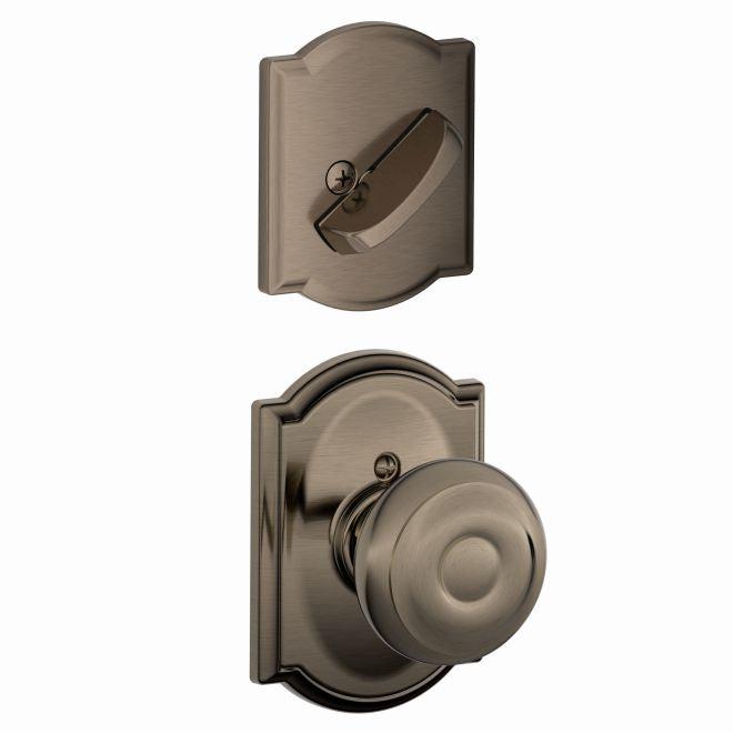 Schlage Georgian Knob With Camelot Rosette Interior Active Trim - Exterior Handleset Sold Separately in Antique Pewter finish