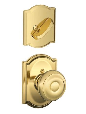 Schlage Georgian Knob With Camelot Rosette Interior Active Trim - Exterior Handleset Sold Separately in Bright Brass finish