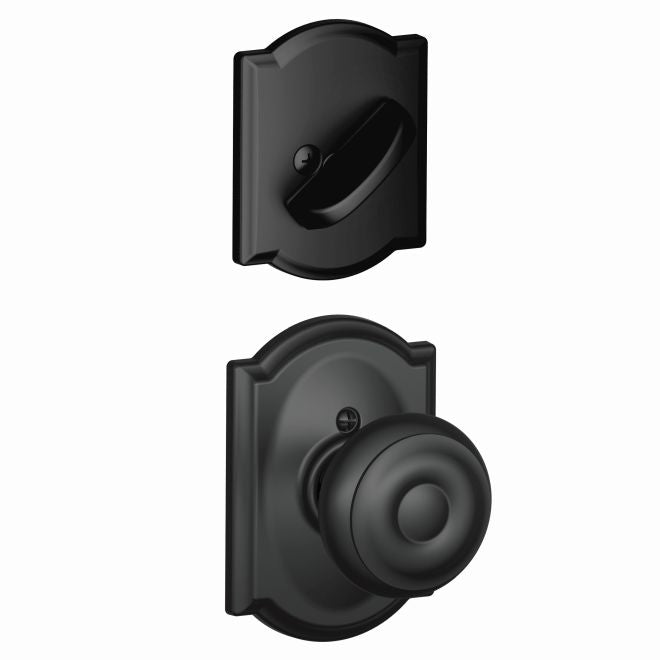 Schlage Georgian Knob With Camelot Rosette Interior Active Trim - Exterior Handleset Sold Separately in Flat Black finish