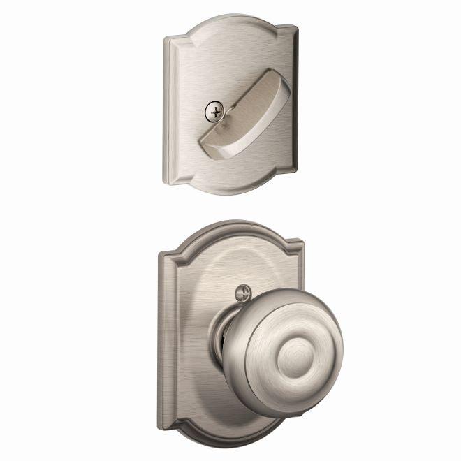 Schlage Georgian Knob With Camelot Rosette Interior Active Trim - Exterior Handleset Sold Separately in Satin Nickel finish