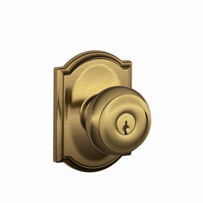 Schlage Georgian Knob With Camelot Rosette Keyed Entry Lock in Antique Brass finish