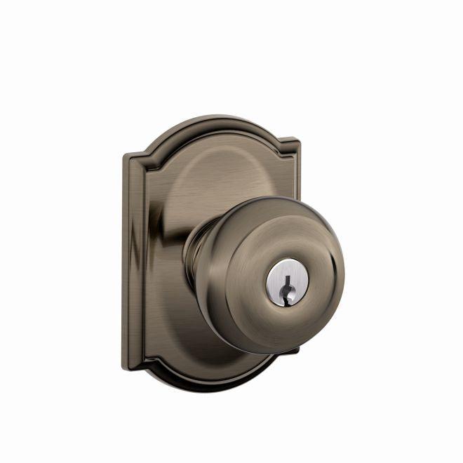 Schlage Georgian Knob With Camelot Rosette Keyed Entry Lock in Antique Pewter finish