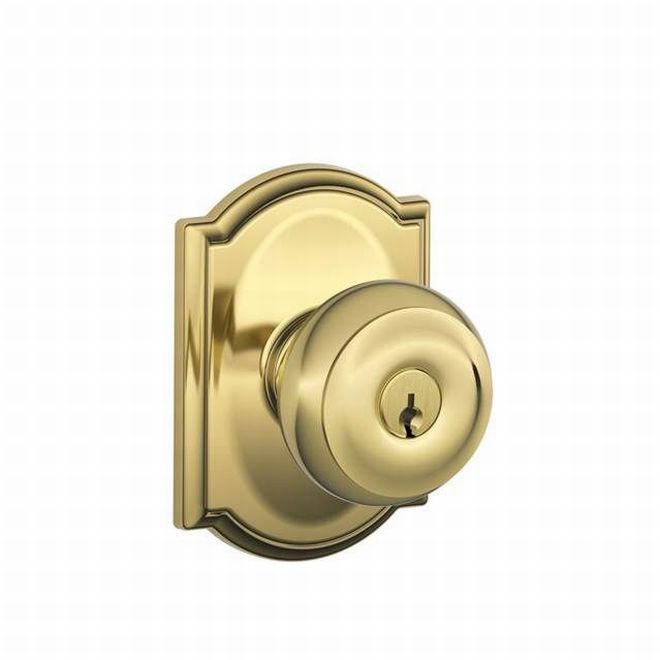 Schlage Georgian Knob With Camelot Rosette Keyed Entry Lock in Bright Brass finish