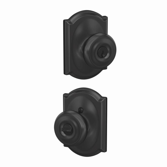 Schlage Georgian Knob With Camelot Rosette Keyed Entry Lock in Flat Black finish