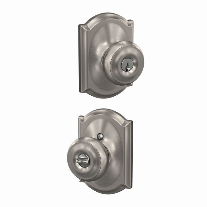 Schlage Georgian Knob With Camelot Rosette Keyed Entry Lock in Satin Nickel finish