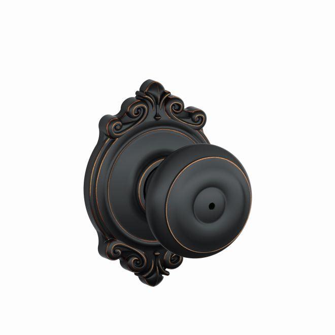 Schlage Georgian Privacy Knob With Brookshire Rosette in Aged Bronze finish