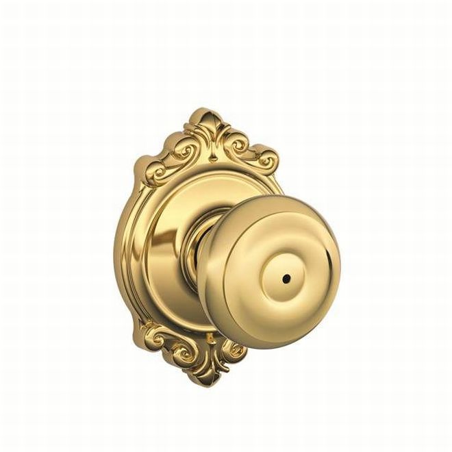 Schlage Georgian Privacy Knob With Brookshire Rosette in Bright Brass finish