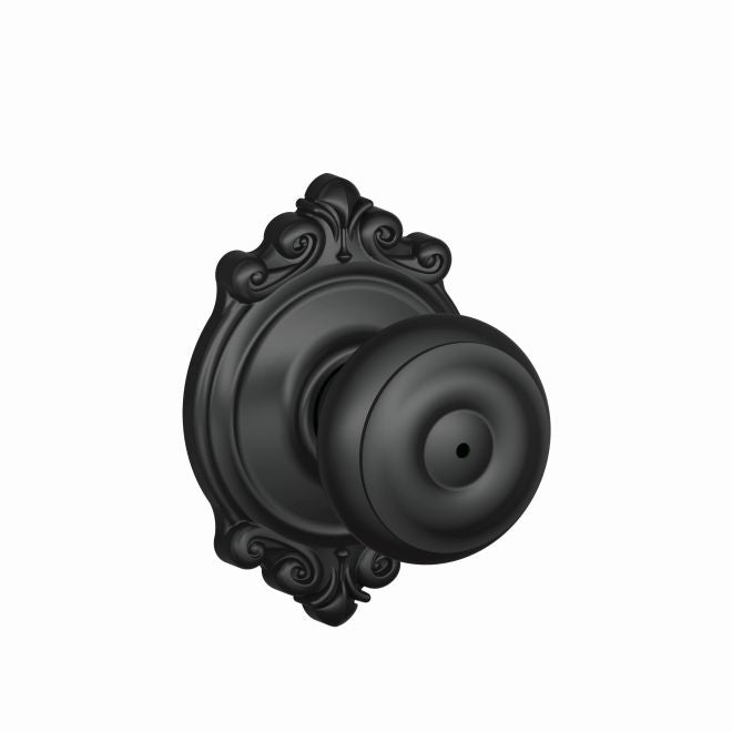 Schlage Georgian Privacy Knob With Brookshire Rosette in Flat Black finish