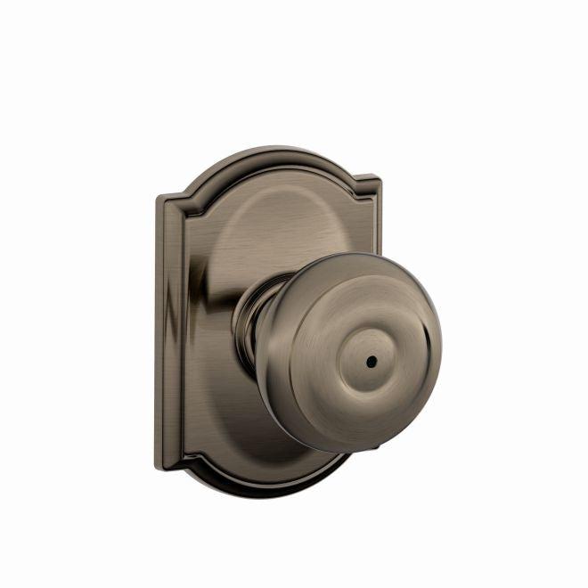 Schlage Georgian Privacy Knob With Camelot Rosette in Antique Pewter finish