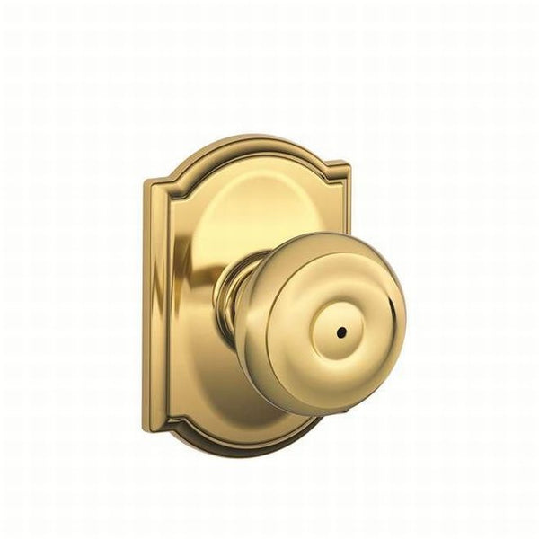 Schlage Georgian Privacy Knob With Camelot Rosette in Bright Brass finish