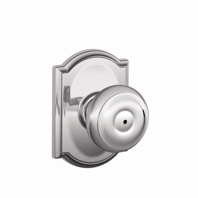 Schlage Georgian Privacy Knob With Camelot Rosette in Bright Chrome finish