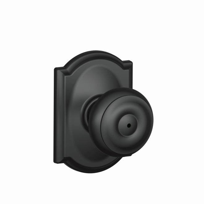 Schlage Georgian Privacy Knob With Camelot Rosette in Flat Black finish