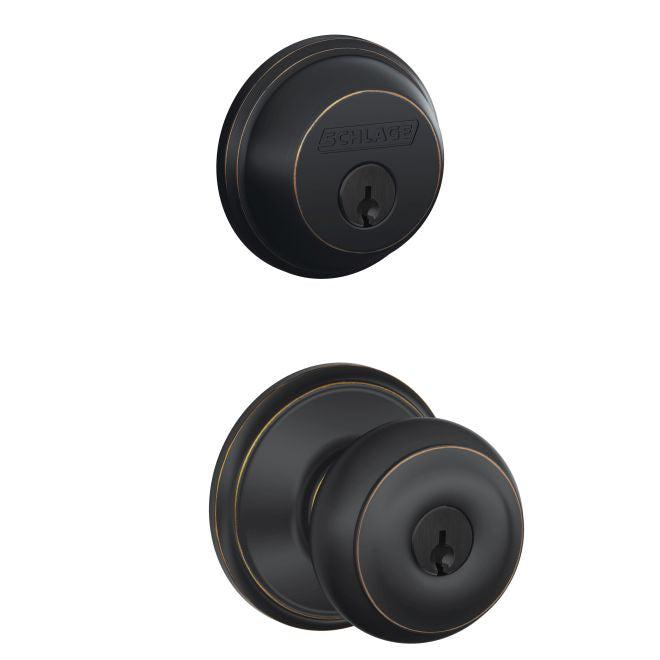 Schlage Georgian Single Cylinder Keyed Entry Door Knob Set and Deadbolt Combo Pack in Aged Bronze finish