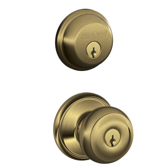 Schlage Georgian Single Cylinder Keyed Entry Door Knob Set and Deadbolt Combo Pack in Antique Brass finish