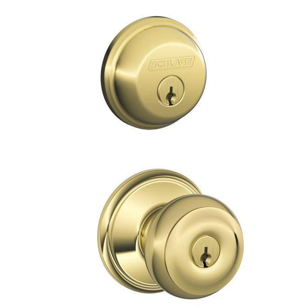 Schlage Georgian Single Cylinder Keyed Entry Door Knob Set and Deadbolt Combo Pack in Bright Brass finish