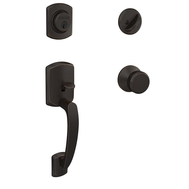 Schlage Greenwich Single Cylinder Handleset with Bowery Knob in Aged Bronze finish