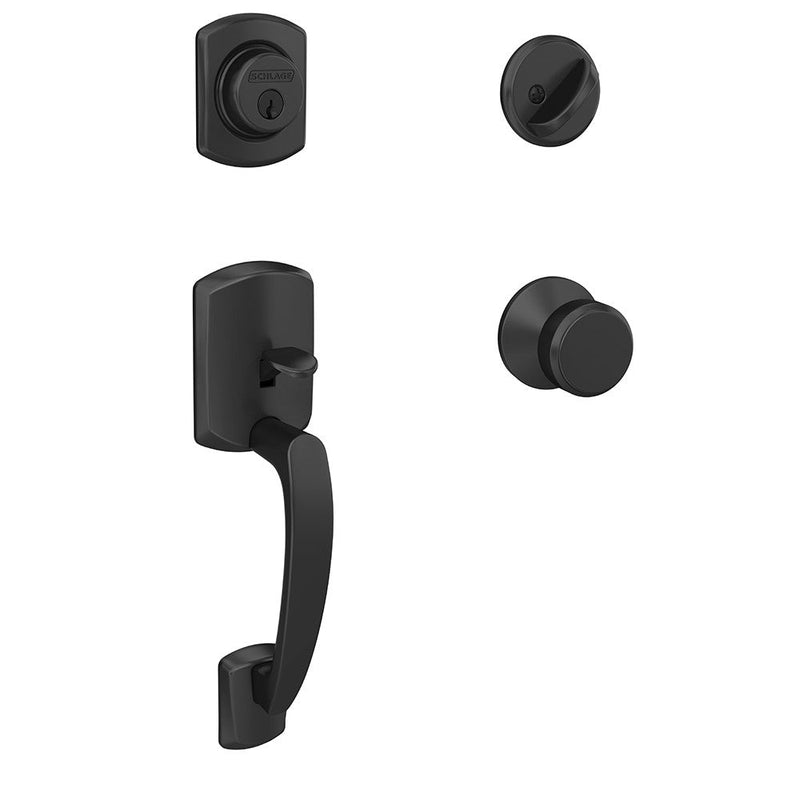 Schlage Greenwich Single Cylinder Handleset with Bowery Knob in Flat Black finish