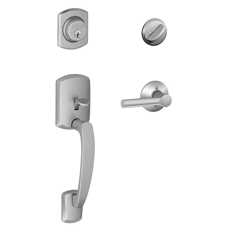 Schlage Greenwich Single Cylinder Handleset with Broadway Lever in Satin Chrome finish