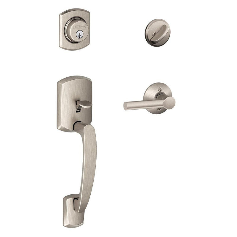 Schlage Greenwich Single Cylinder Handleset with Broadway Lever in Satin Nickel finish