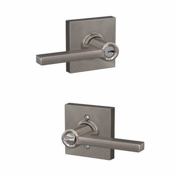 Schlage Latitude Lever With Collins Rosette Keyed Entry Lock in Satin Nickel finish