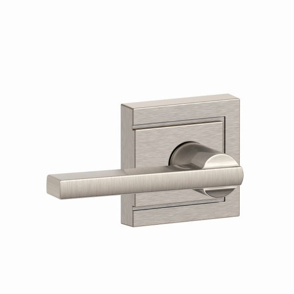 Schlage Latitude Passage Lever With Upland Rosette in Satin Nickel finish