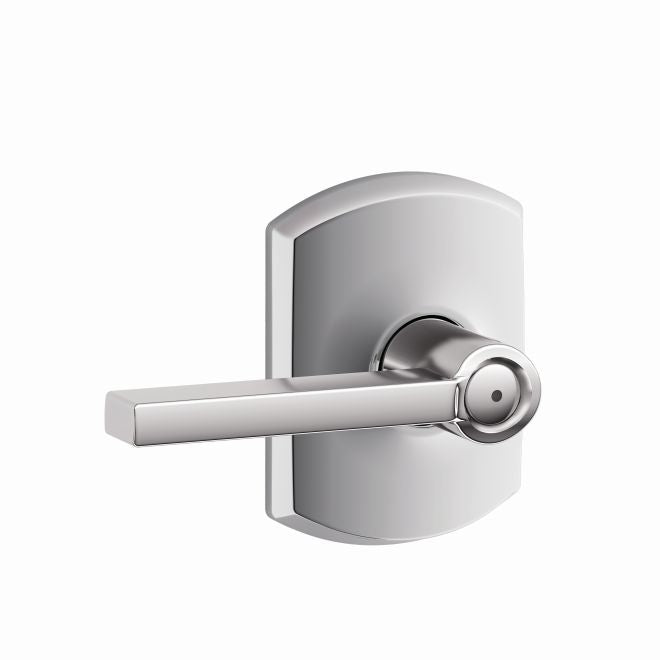 Schlage Latitude Privacy Lever With Greenwich Rosette in Bright Chrome finish