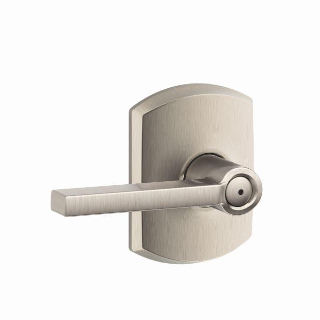 Schlage Latitude Privacy Lever With Greenwich Rosette in Satin Nickel finish