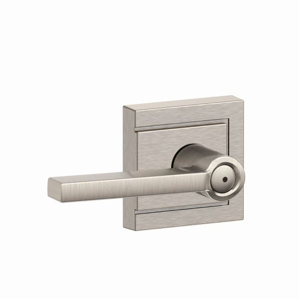 Schlage Latitude Privacy Lever With Upland Rosette in Satin Nickel finish