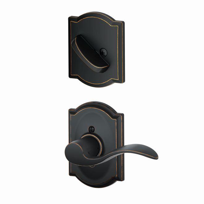 Schlage Left Hand Accent Lever With Camelot Rosette Interior Active Trim - Exterior Handleset Sold Separately in Aged Bronze finish