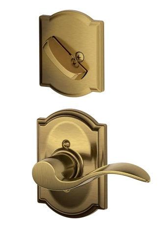 Schlage Left Hand Accent Lever With Camelot Rosette Interior Active Trim - Exterior Handleset Sold Separately in Antique Brass finish