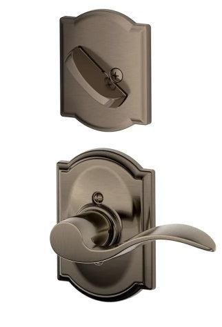 Schlage Left Hand Accent Lever With Camelot Rosette Interior Active Trim - Exterior Handleset Sold Separately in Antique Pewter finish