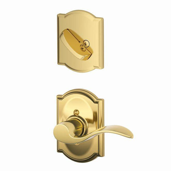 Schlage Left Hand Accent Lever With Camelot Rosette Interior Active Trim - Exterior Handleset Sold Separately in Bright Brass finish