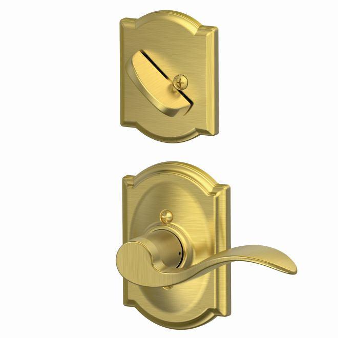 Schlage Left Hand Accent Lever With Camelot Rosette Interior Active Trim - Exterior Handleset Sold Separately in Satin Brass finish