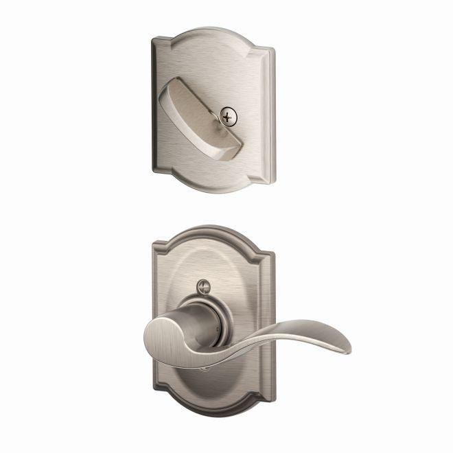 Schlage Left Hand Accent Lever With Camelot Rosette Interior Active Trim - Exterior Handleset Sold Separately in Satin Nickel finish