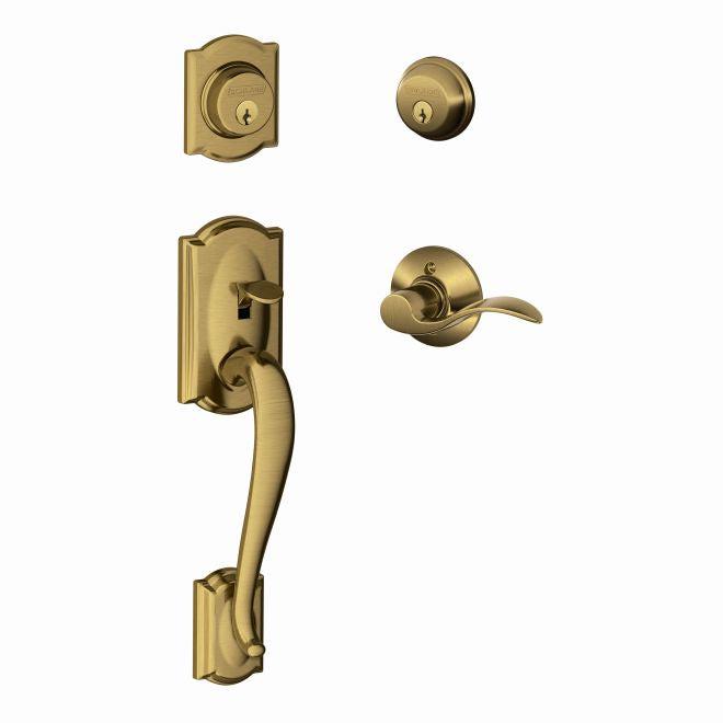 Schlage Left Hand Camelot Double Cylinder Handleset With Accent Lever in Antique Brass finish