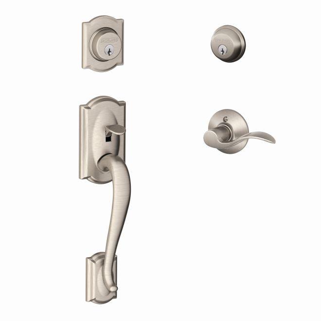 Schlage Left Hand Camelot Double Cylinder Handleset With Accent Lever in Satin Nickel finish