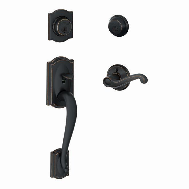 Schlage Left Hand Camelot Double Cylinder Handleset With Flair Lever in Aged Bronze finish