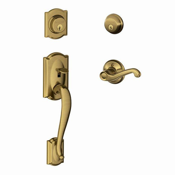 Schlage Left Hand Camelot Double Cylinder Handleset With Flair Lever in Antique Brass finish