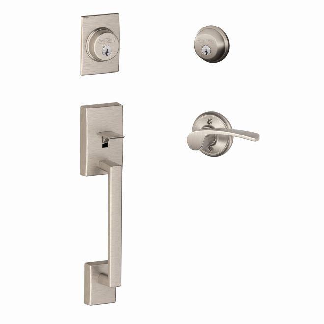 Schlage Left Hand Century Double Cylinder Handleset With Merano Lever in Satin Nickel finish