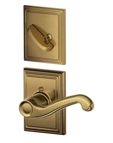 Schlage Left Hand Flair Lever With Addison Rosette Interior Active Trim - Exterior Handleset Sold Separately in Antique Brass finish