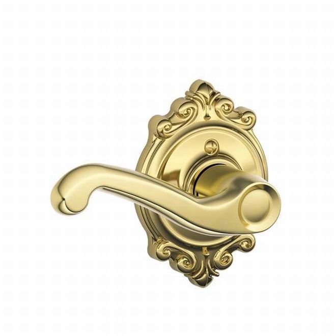 Schlage Left Hand Flair Lever With Brookshire Rosette Half Dummy in Bright Brass finish