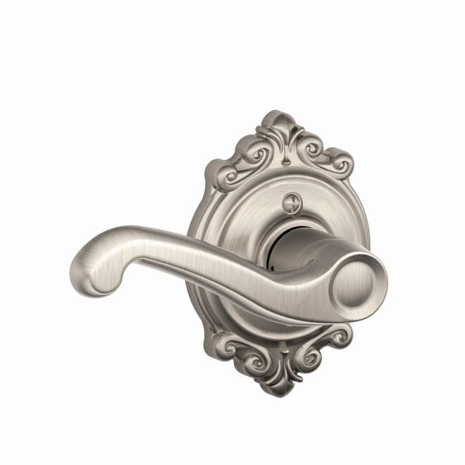 Schlage Left Hand Flair Lever With Brookshire Rosette Half Dummy in Satin Nickel finish