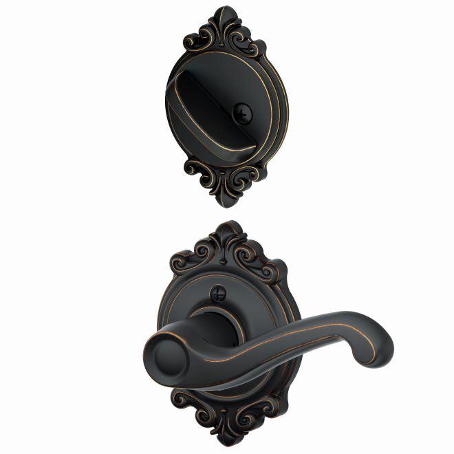 Schlage Left Hand Flair Lever With Brookshire Rosette Interior Active Trim - Exterior Handleset Sold Separately in Aged Bronze finish