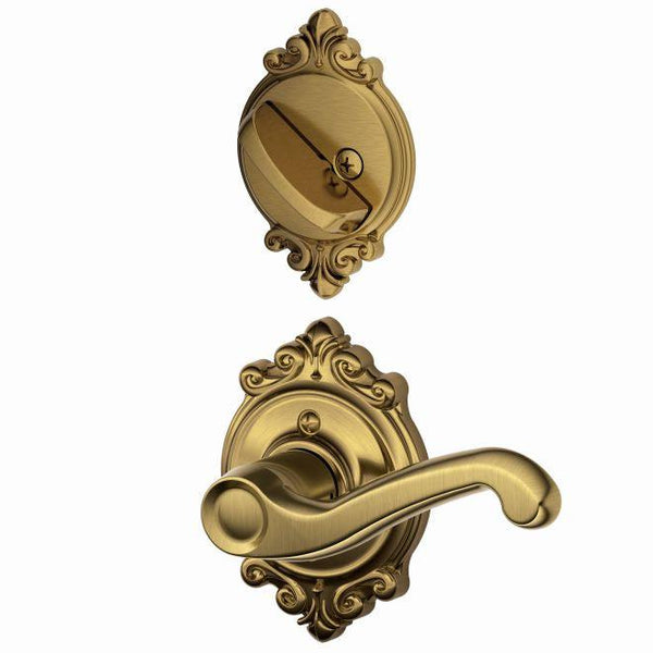 Schlage Left Hand Flair Lever With Brookshire Rosette Interior Active Trim - Exterior Handleset Sold Separately in Antique Brass finish